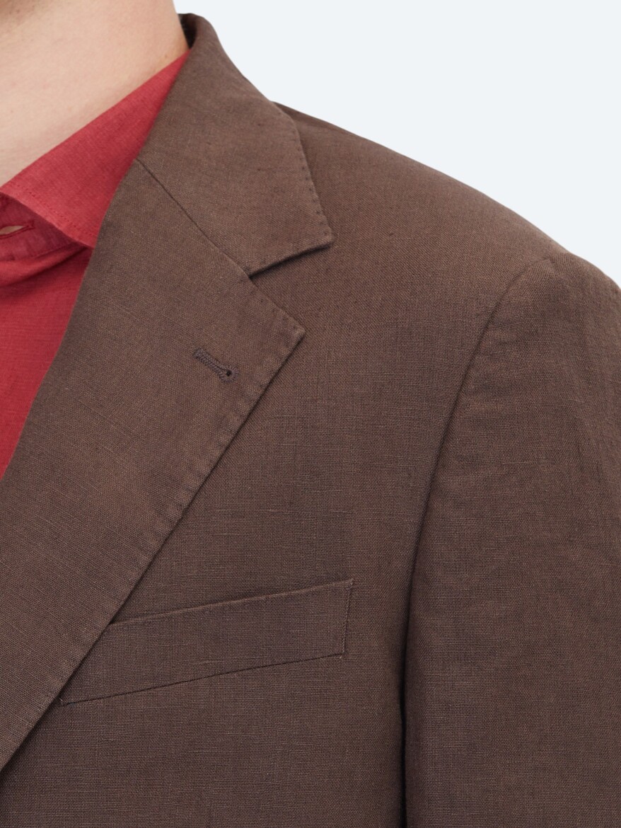Brown Plain Modern Fit 100% Linen Jacket - 4