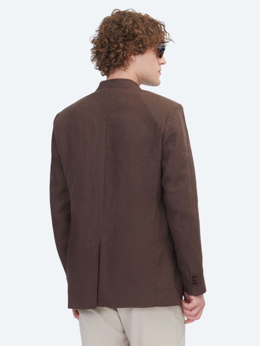 Brown Plain Modern Fit 100% Linen Jacket - 5
