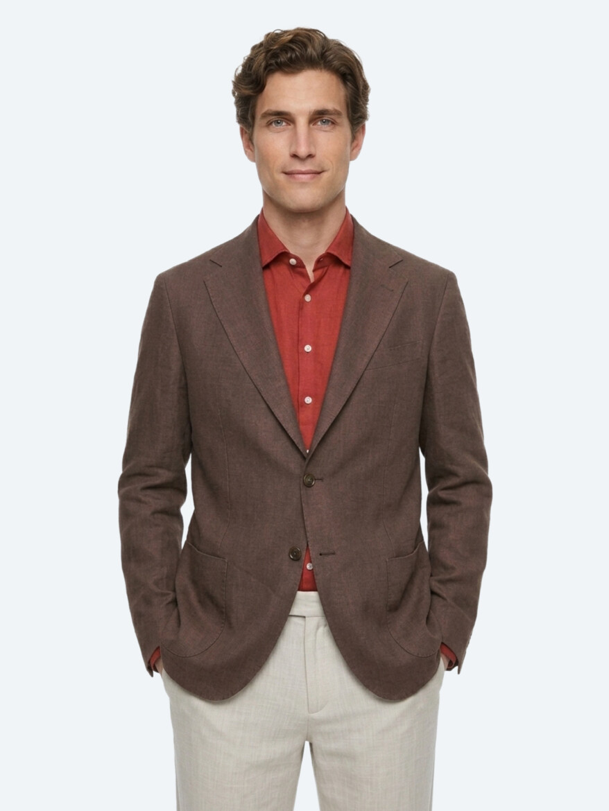 Brown Plain Modern Fit 100% Linen Jacket 