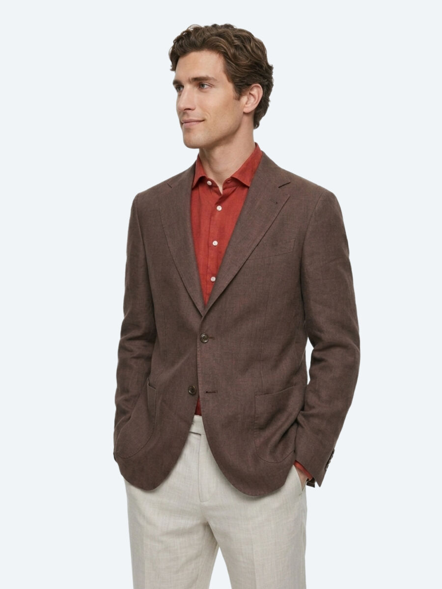 Brown Plain Modern Fit 100% Linen Jacket - 3
