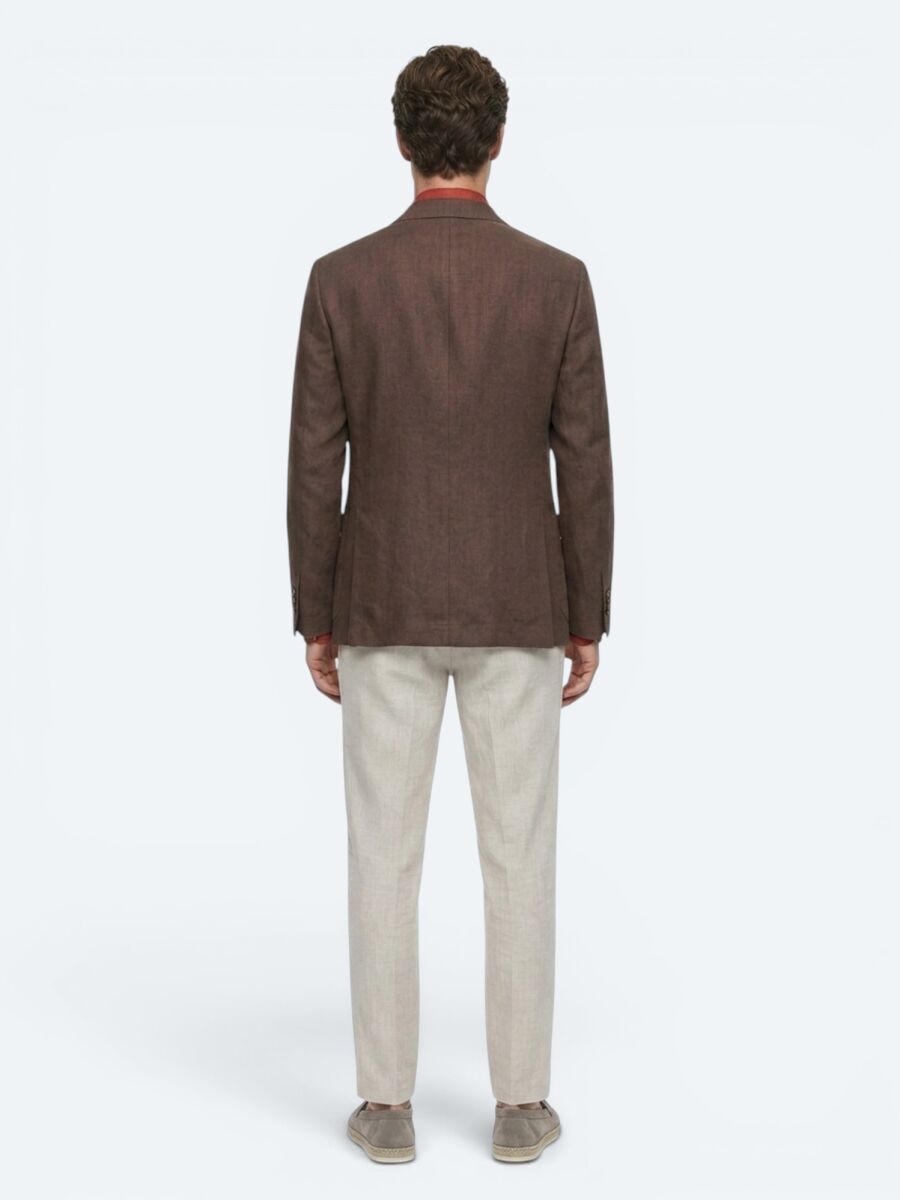 Brown Plain Modern Fit 100% Linen Jacket - 6