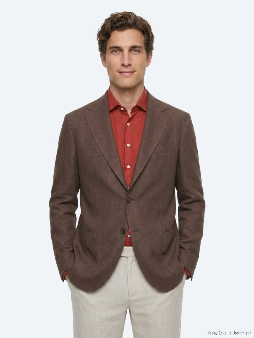 Brown Plain Modern Fit 100% Linen Jacket - KİP