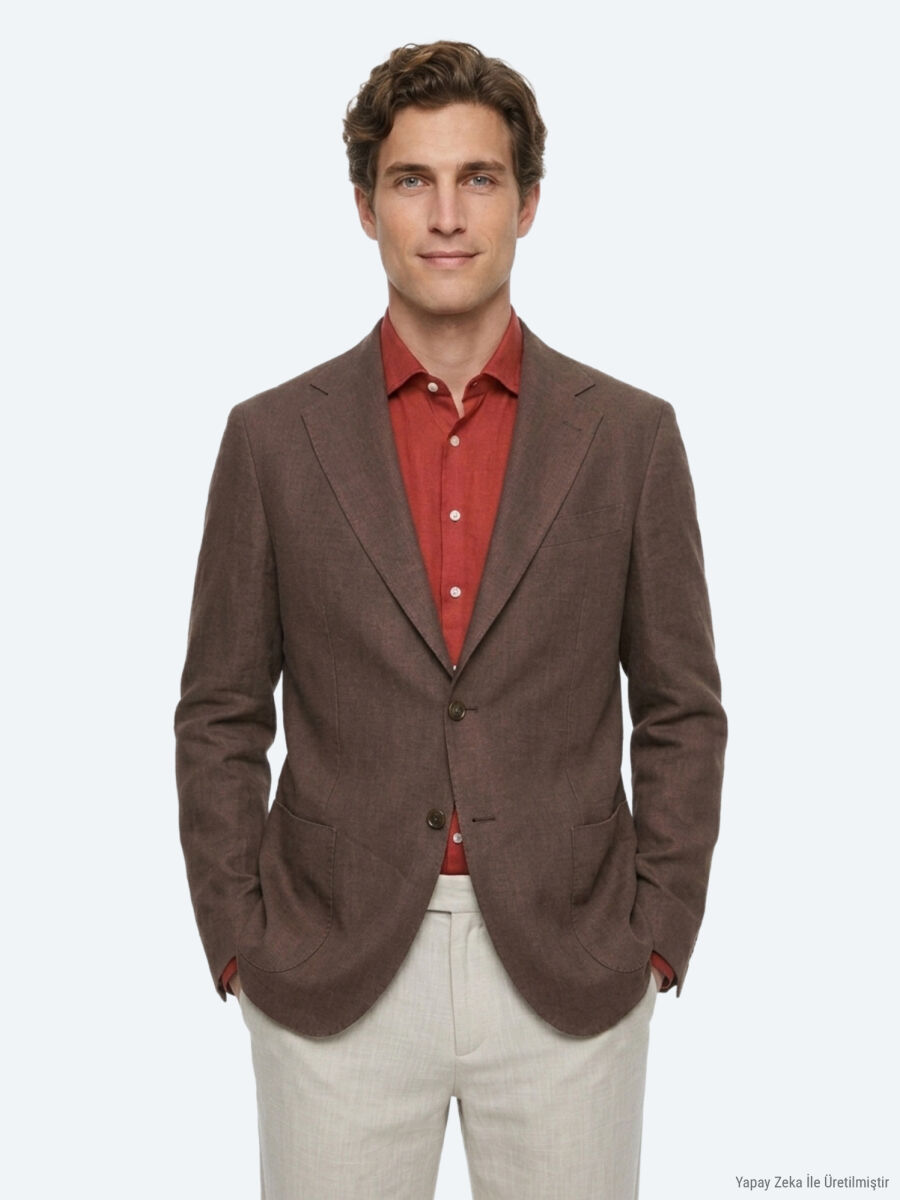 Brown Plain Modern Fit 100% Linen Jacket - 1