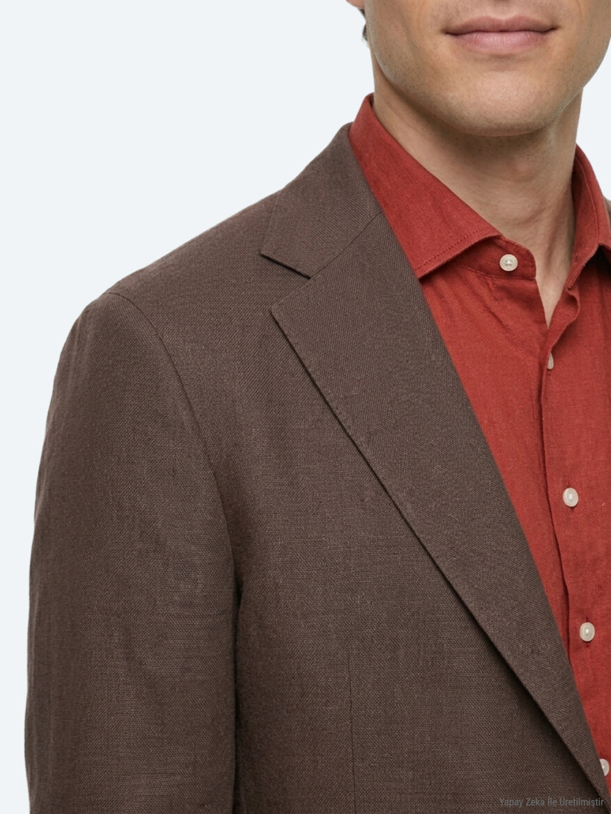 Brown Plain Modern Fit 100% Linen Jacket - KİP