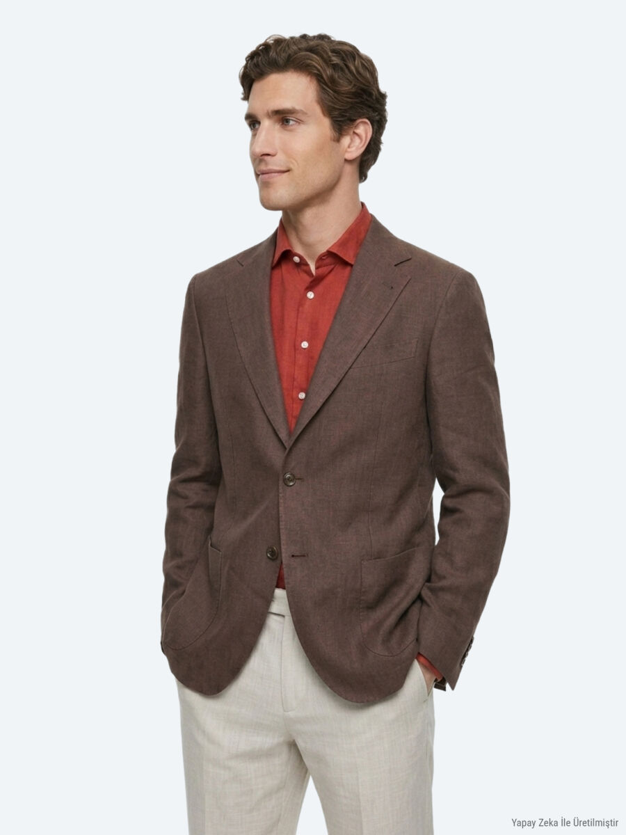 Brown Plain Modern Fit 100% Linen Jacket - 3