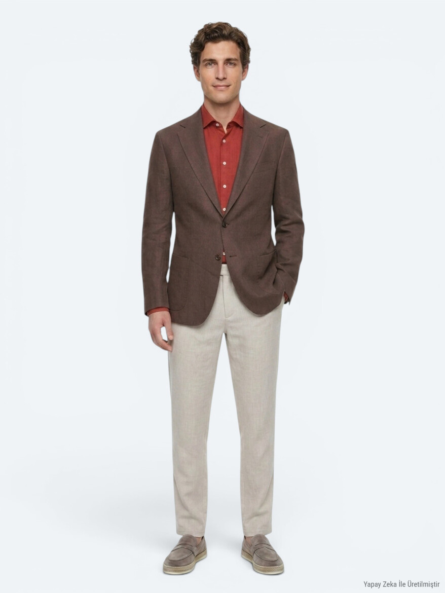 Brown Plain Modern Fit 100% Linen Jacket - 4