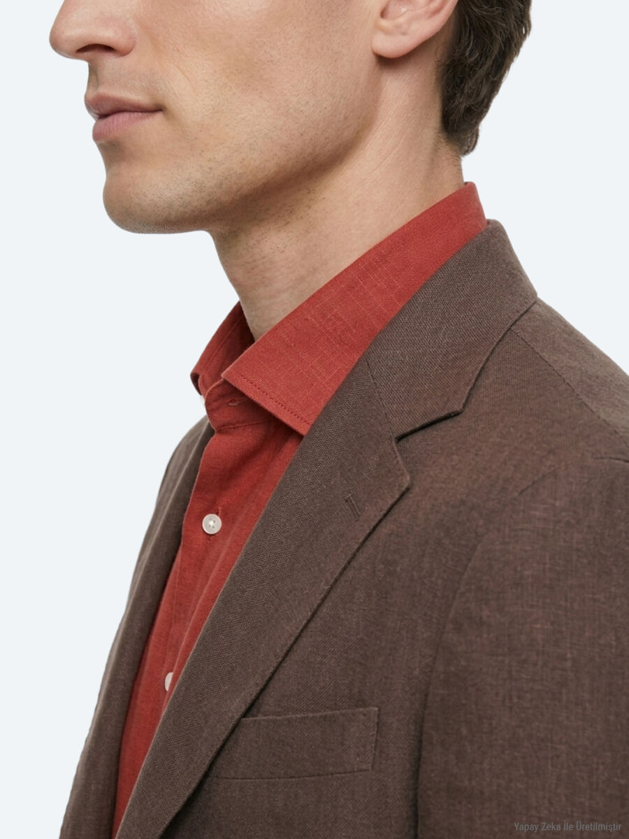 Brown Plain Modern Fit 100% Linen Jacket - 5