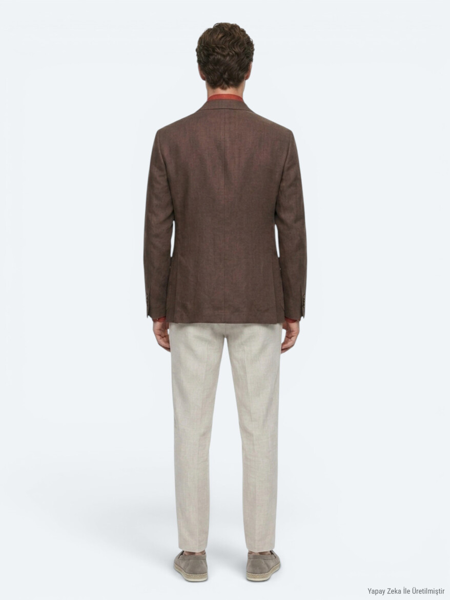 Brown Plain Modern Fit 100% Linen Jacket - 6