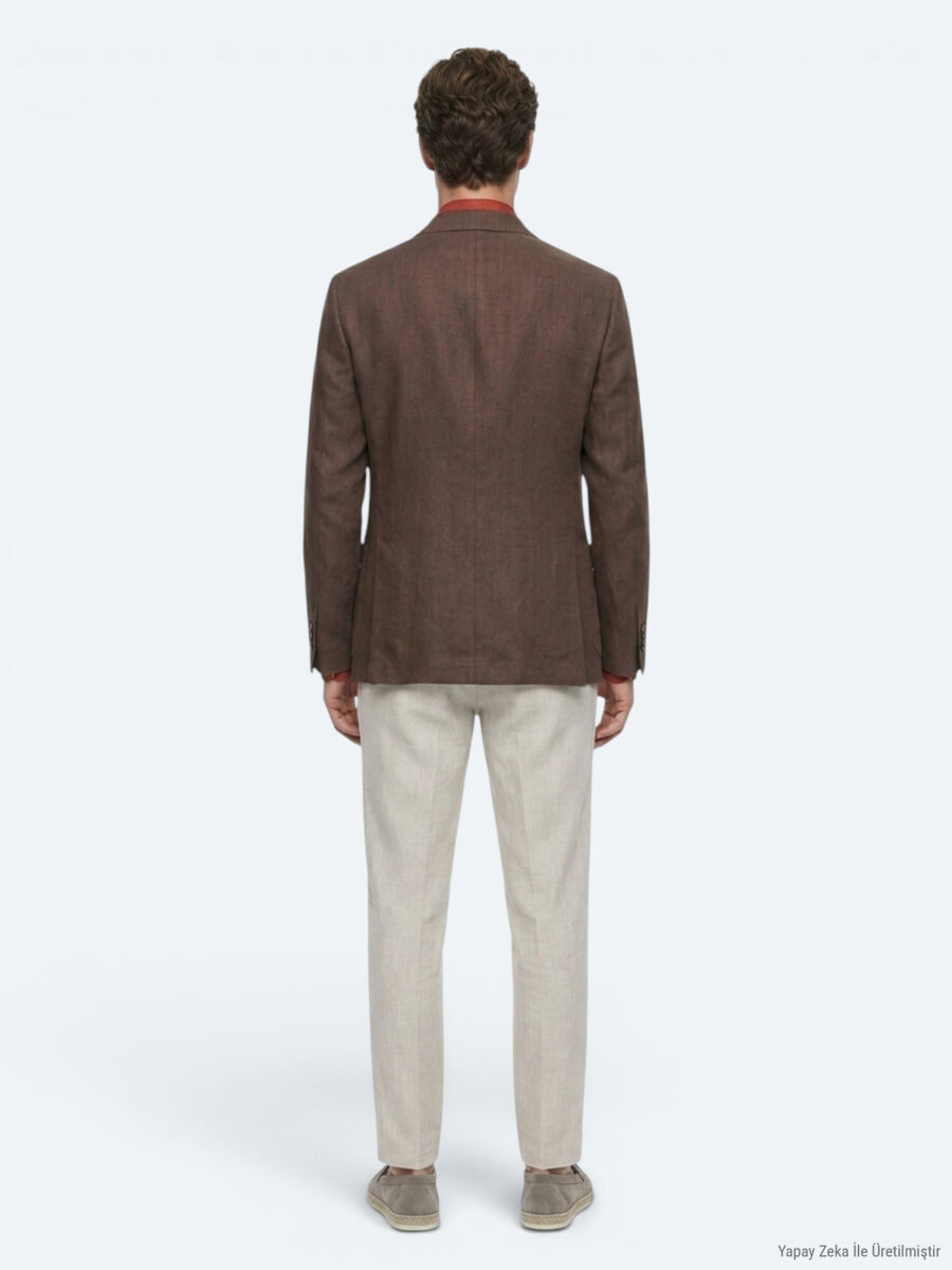 Brown Plain Modern Fit 100% Linen Jacket - 6
