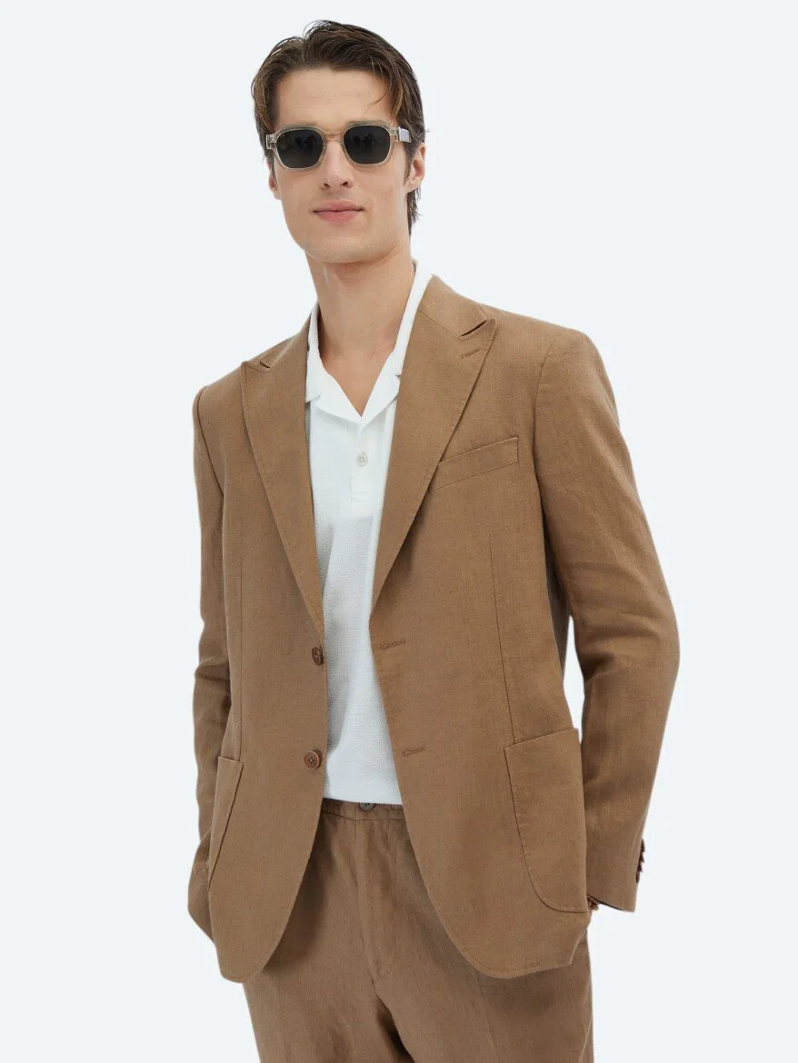 Brown Plain Modern Fit 100% Linen Suit - 1