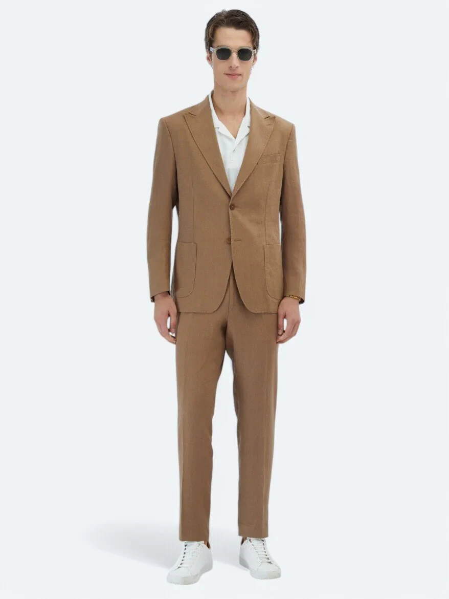 Brown Plain Modern Fit 100% Linen Suit - 2