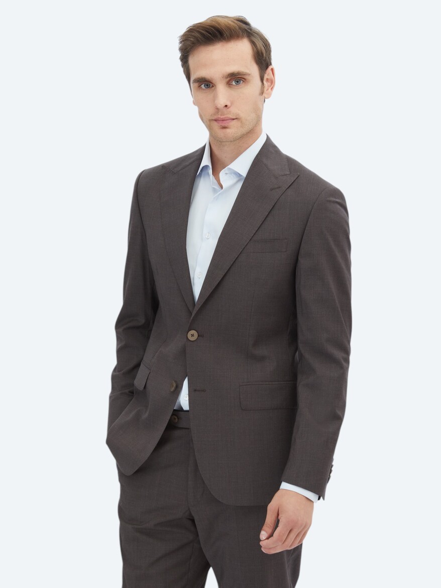 Brown Plain Modern Fit 100% Wool Suit - 1