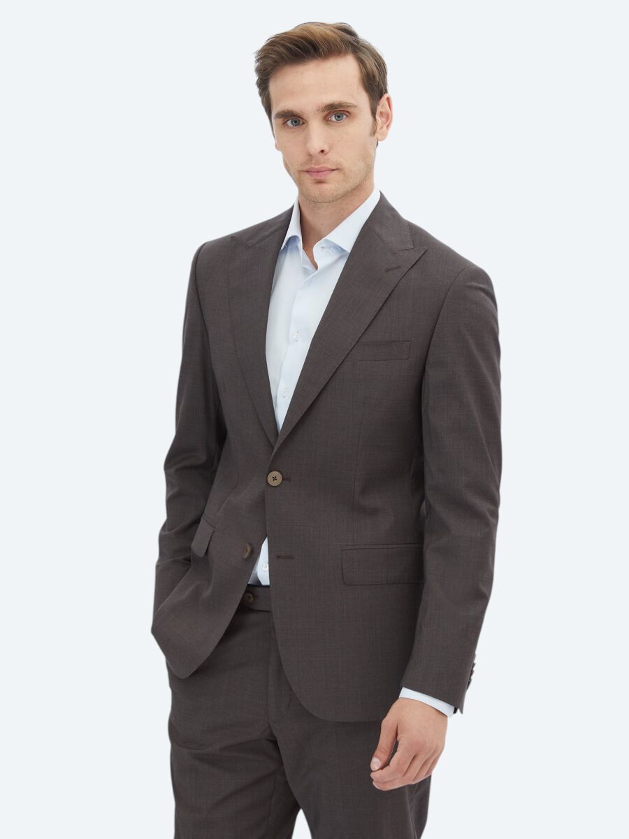 Brown Plain Modern Fit 100% Wool Suit - 1
