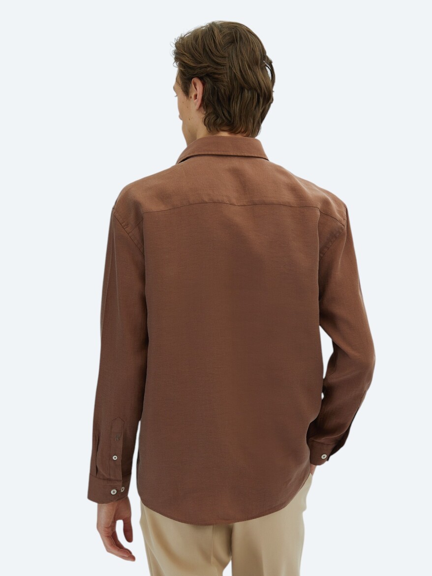 Brown Plain Oversize Fit Long Weaving Casual Shirt - 4