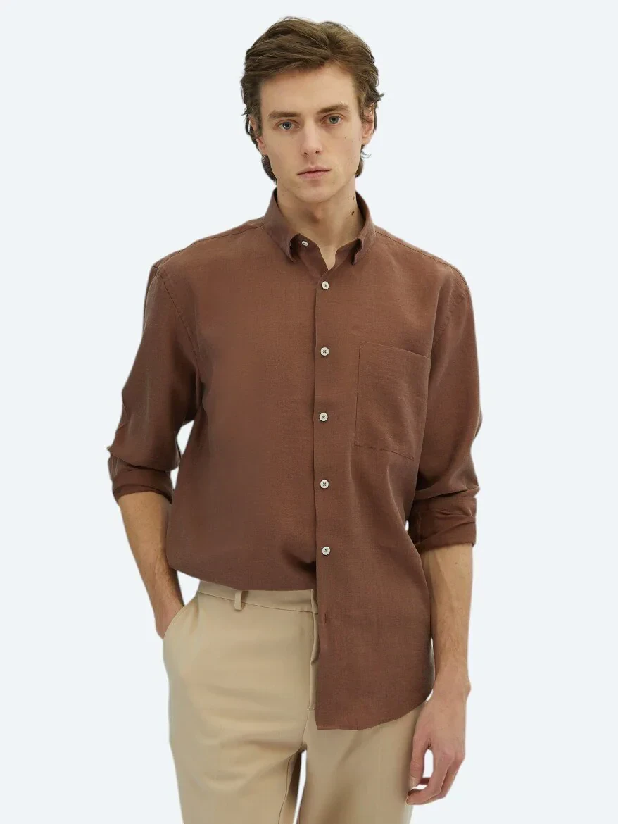 Brown Plain Oversize Fit Weaving Casual Shirt - 1