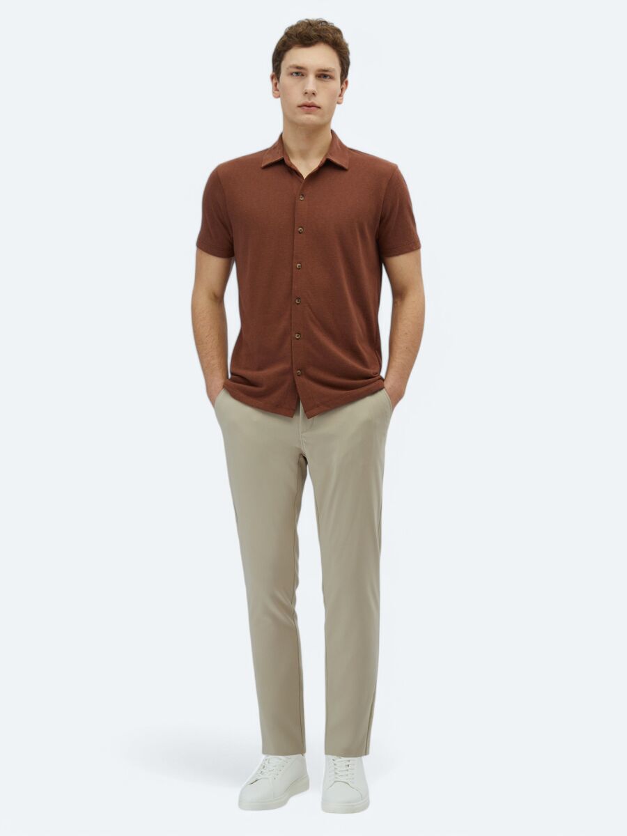 Brown Plain Regular Fit Knitting Casual Cotton Blended Shirt - 2