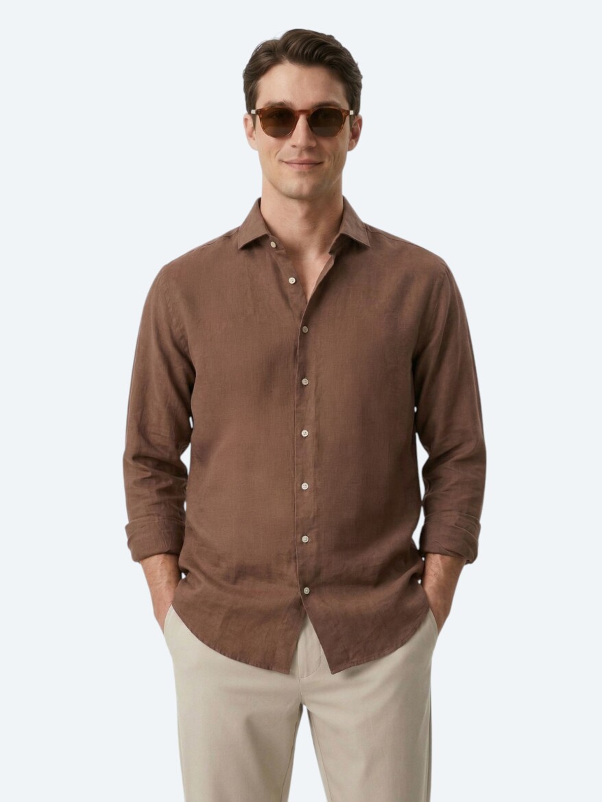 Brown Plain Regular Fit Long Weaving Casual Cotton Blended Shirt - 1