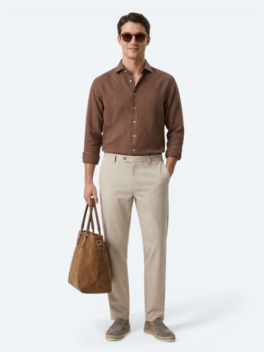 Brown Plain Regular Fit Long Weaving Casual Cotton Blended Shirt - 2