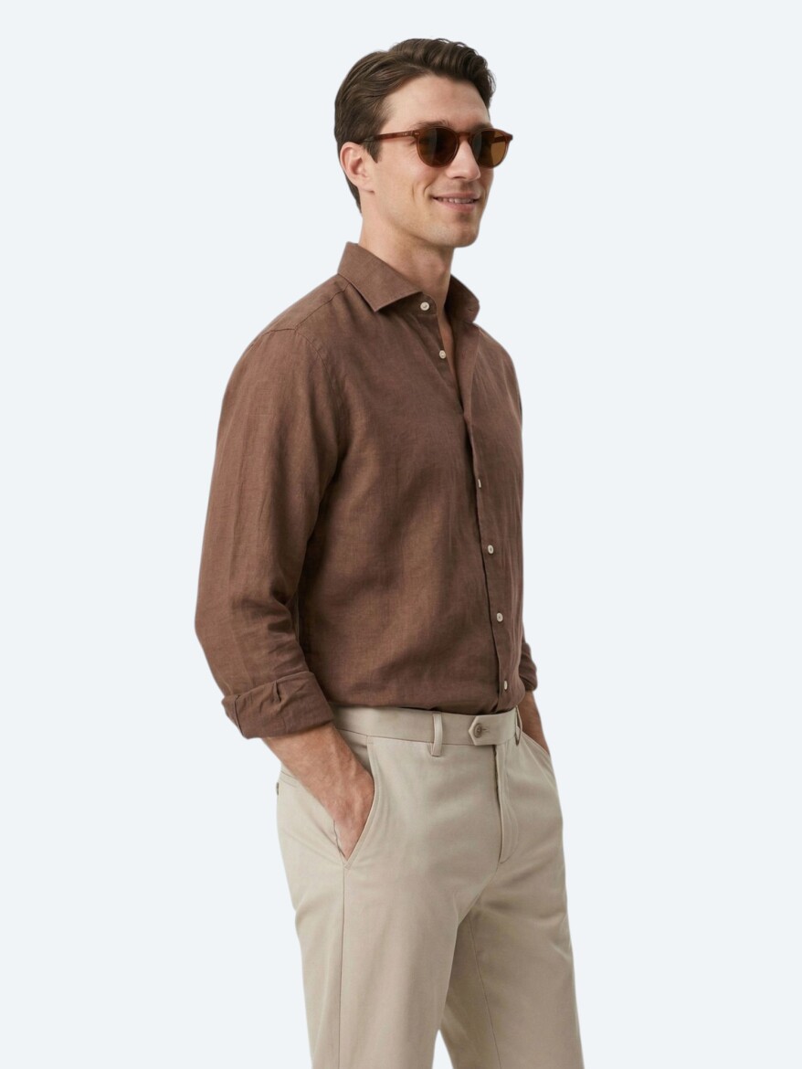 Brown Plain Regular Fit Long Weaving Casual Cotton Blended Shirt - 3