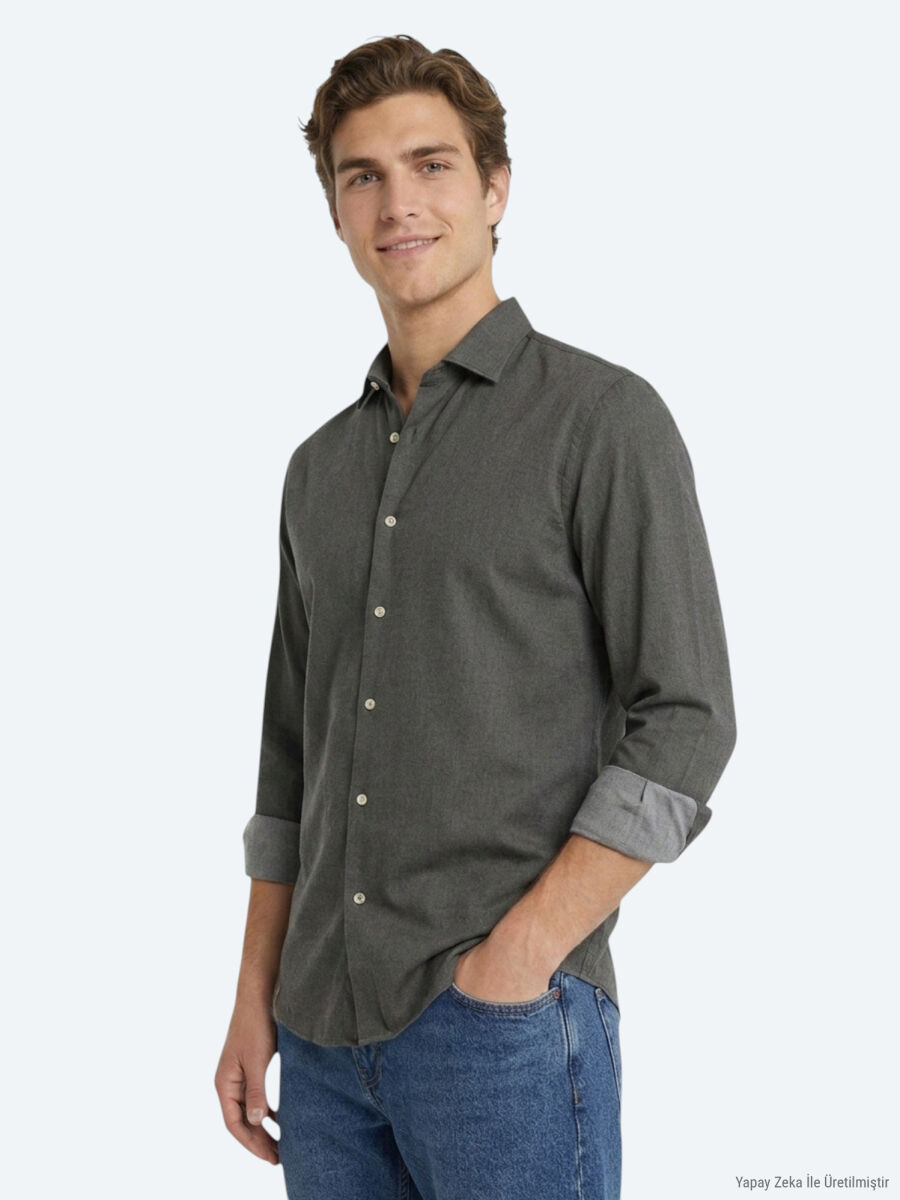 Brown Plain Regular Fit Long Weaving Casual Cotton Blended Shirt - 1