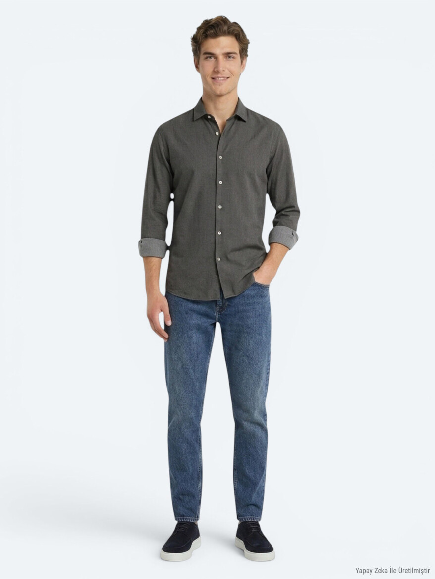 Brown Plain Regular Fit Long Weaving Casual Cotton Blended Shirt - KİP