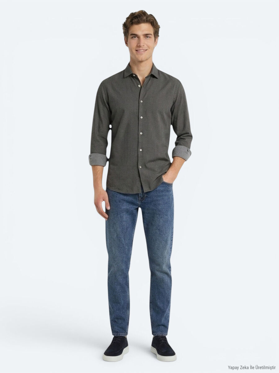 Brown Plain Regular Fit Long Weaving Casual Cotton Blended Shirt - 2