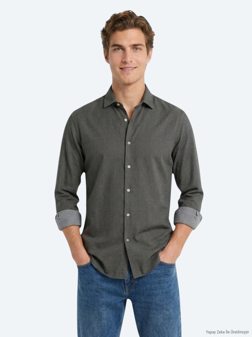 Brown Plain Regular Fit Long Weaving Casual Cotton Blended Shirt - 4