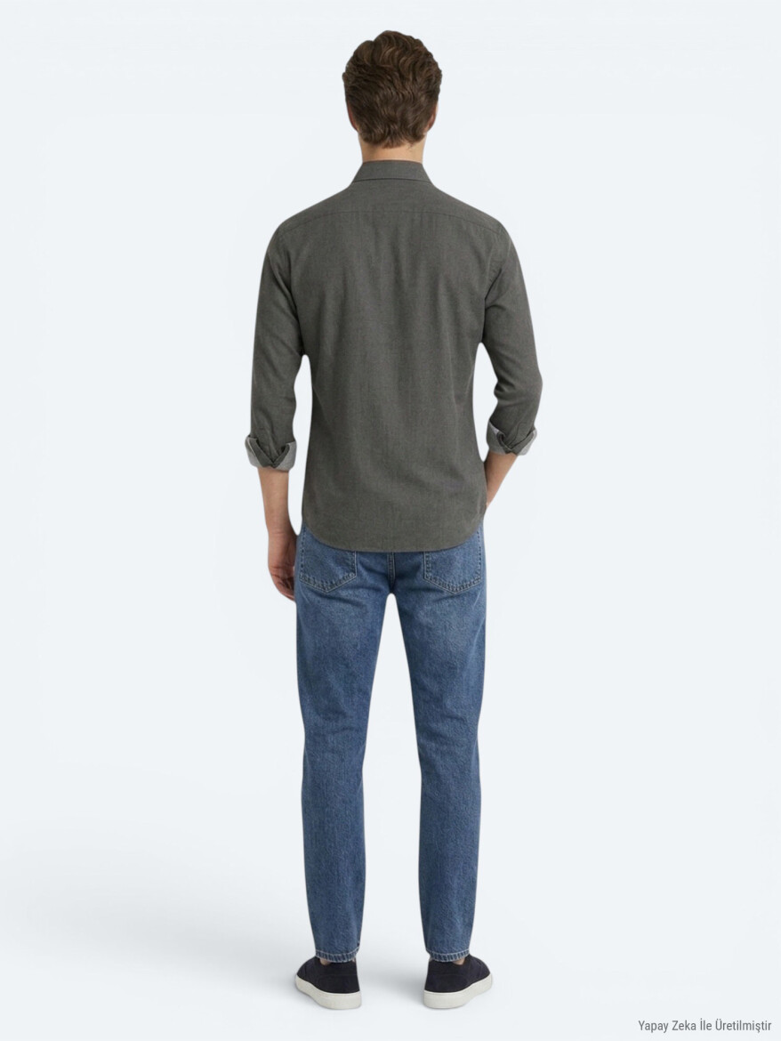 Brown Plain Regular Fit Long Weaving Casual Cotton Blended Shirt - 5