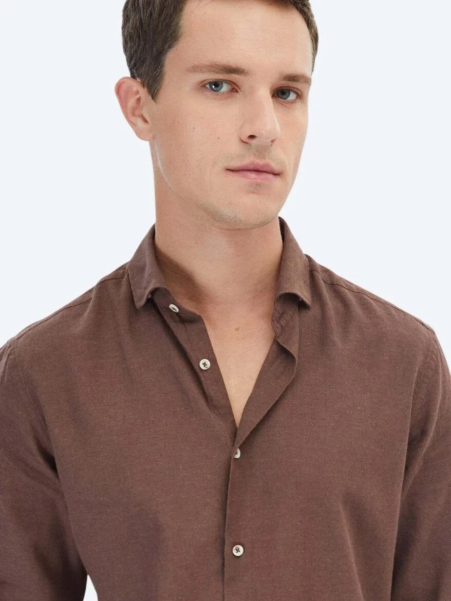 Brown Plain Regular Fit Weaving Casual Cotton Blended Shirt - 3