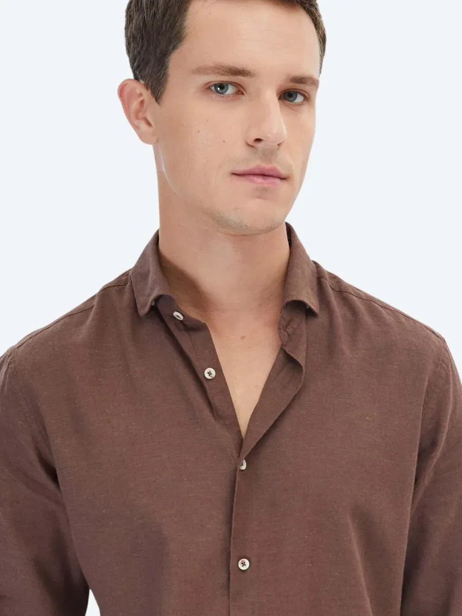 Brown Plain Regular Fit Weaving Casual Cotton Blended Shirt - 3
