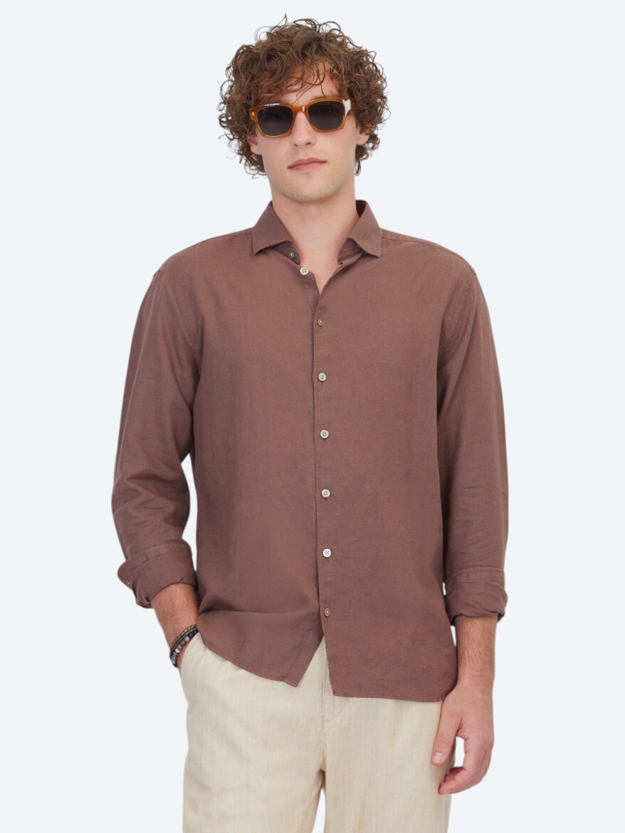 Brown Plain Regular Fit Weaving Casual Cotton Blended Shirt 