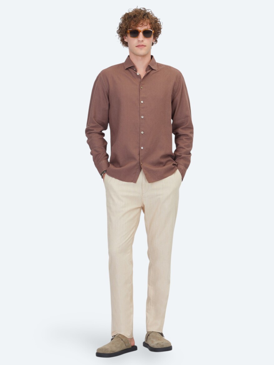 Brown Plain Regular Fit Weaving Casual Cotton Blended Shirt - 2