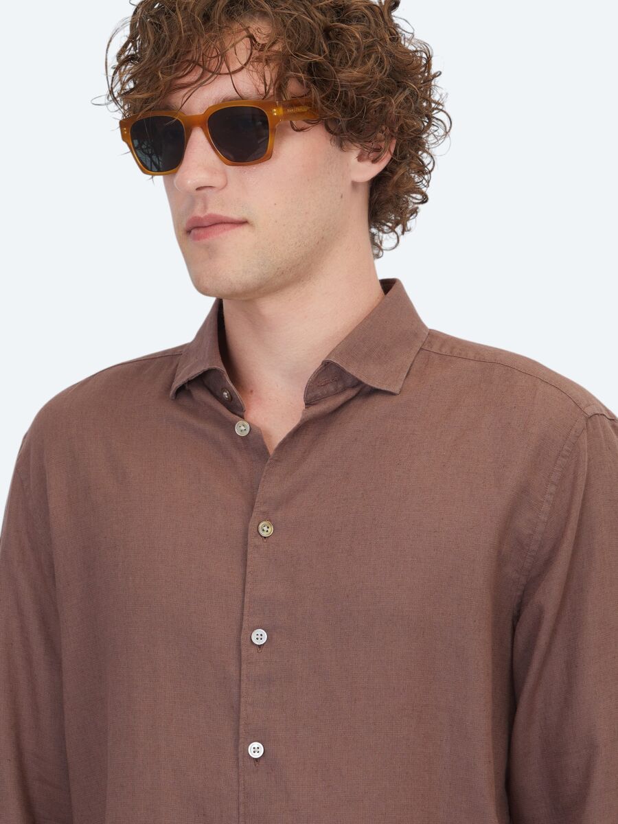 Brown Plain Regular Fit Weaving Casual Cotton Blended Shirt - 3