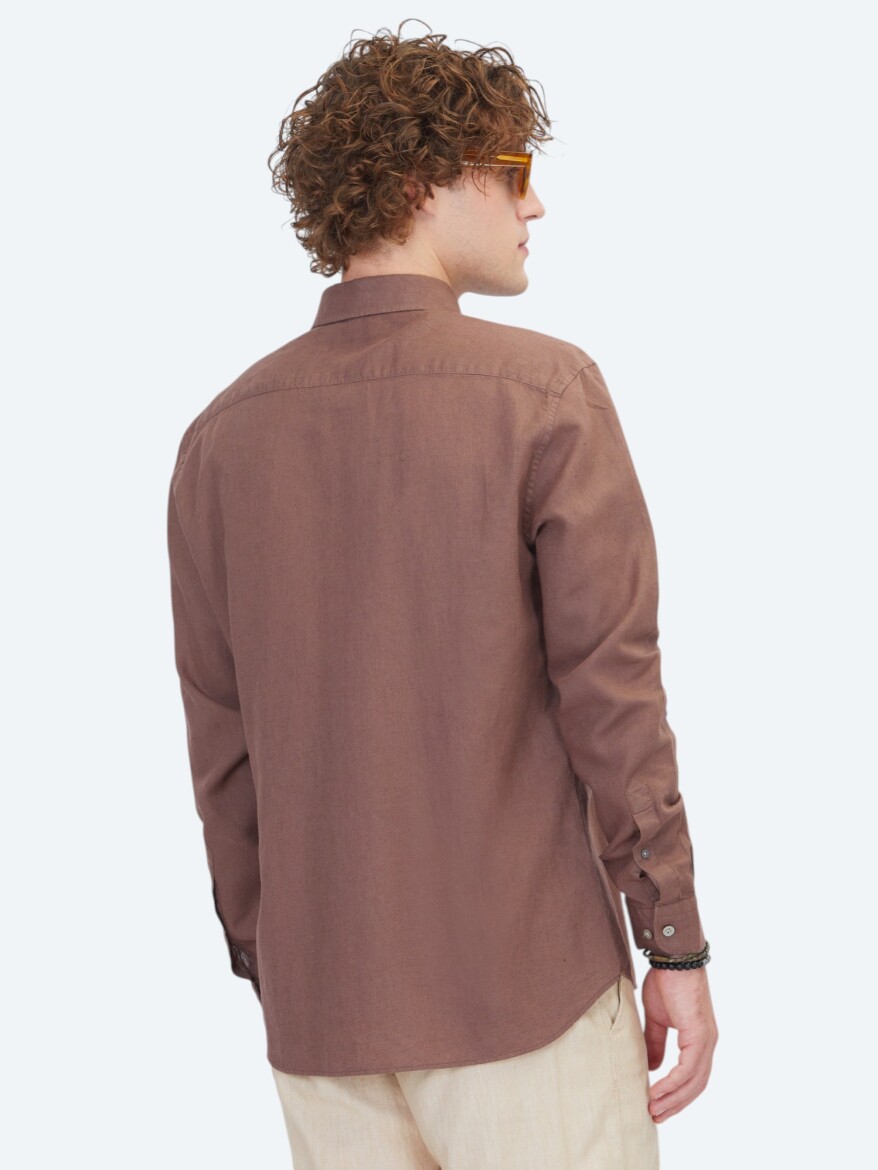 Brown Plain Regular Fit Weaving Casual Cotton Blended Shirt - 5