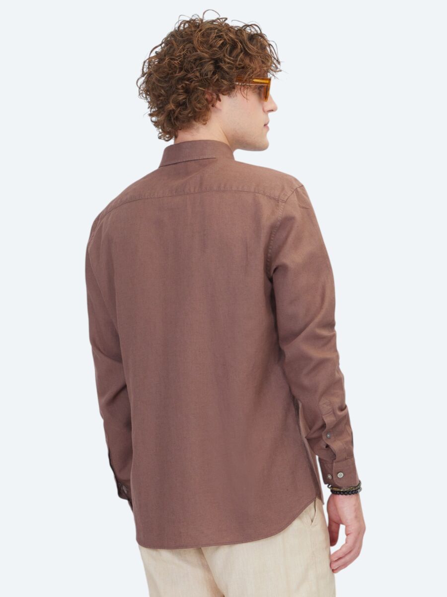 Brown Plain Regular Fit Weaving Casual Cotton Blended Shirt - 5