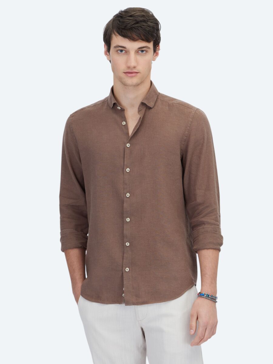 Brown Plain Regular Fit Weaving Casual Cotton Blended Shirt - 1