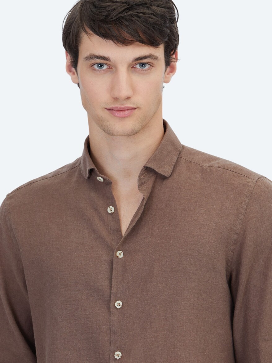 Brown Plain Regular Fit Weaving Casual Cotton Blended Shirt - 3