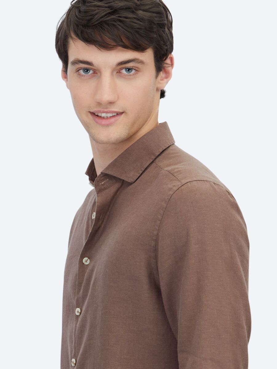 Brown Plain Regular Fit Weaving Casual Cotton Blended Shirt - 4