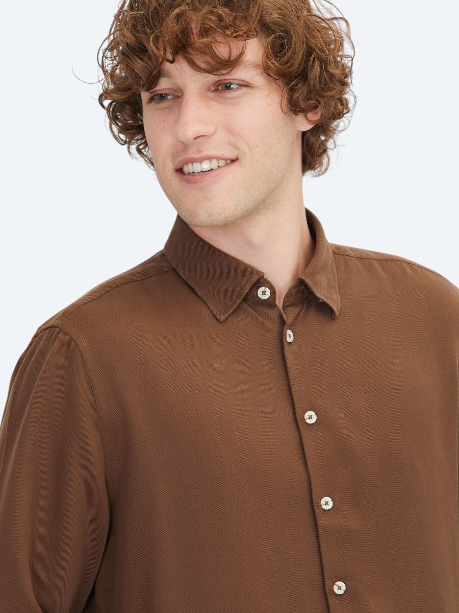 Brown Plain Regular Fit Weaving Casual Shirt - 4