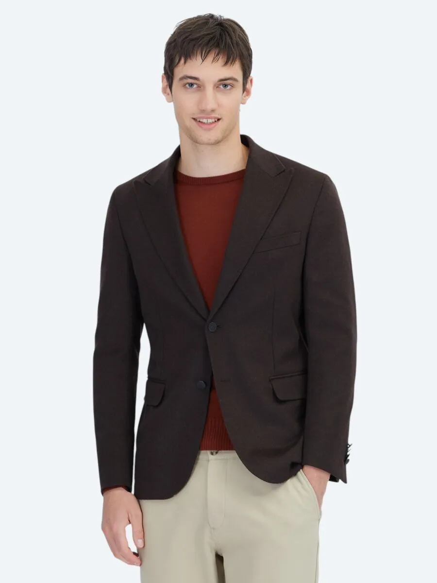 Brown Plain Wool Blended Jacket - 1