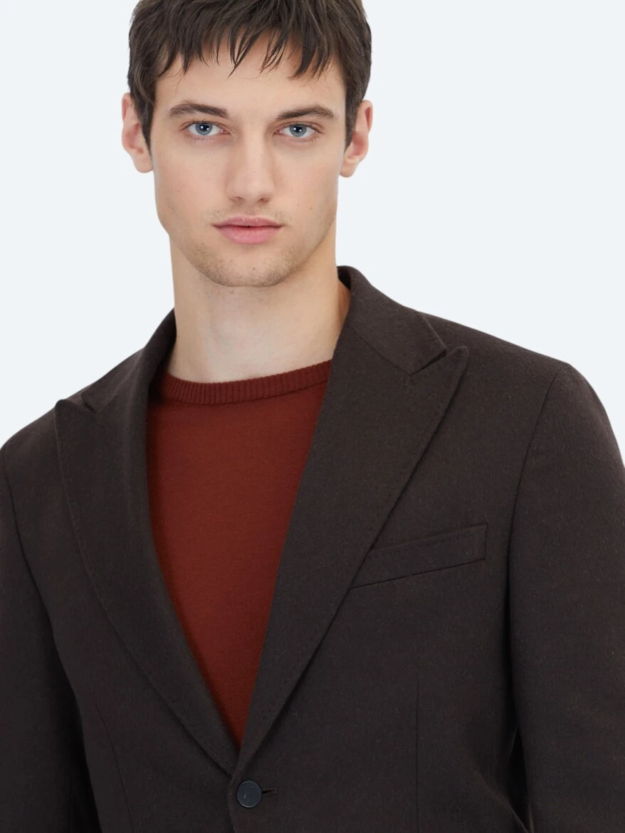 Brown Plain Wool Blended Jacket - 3
