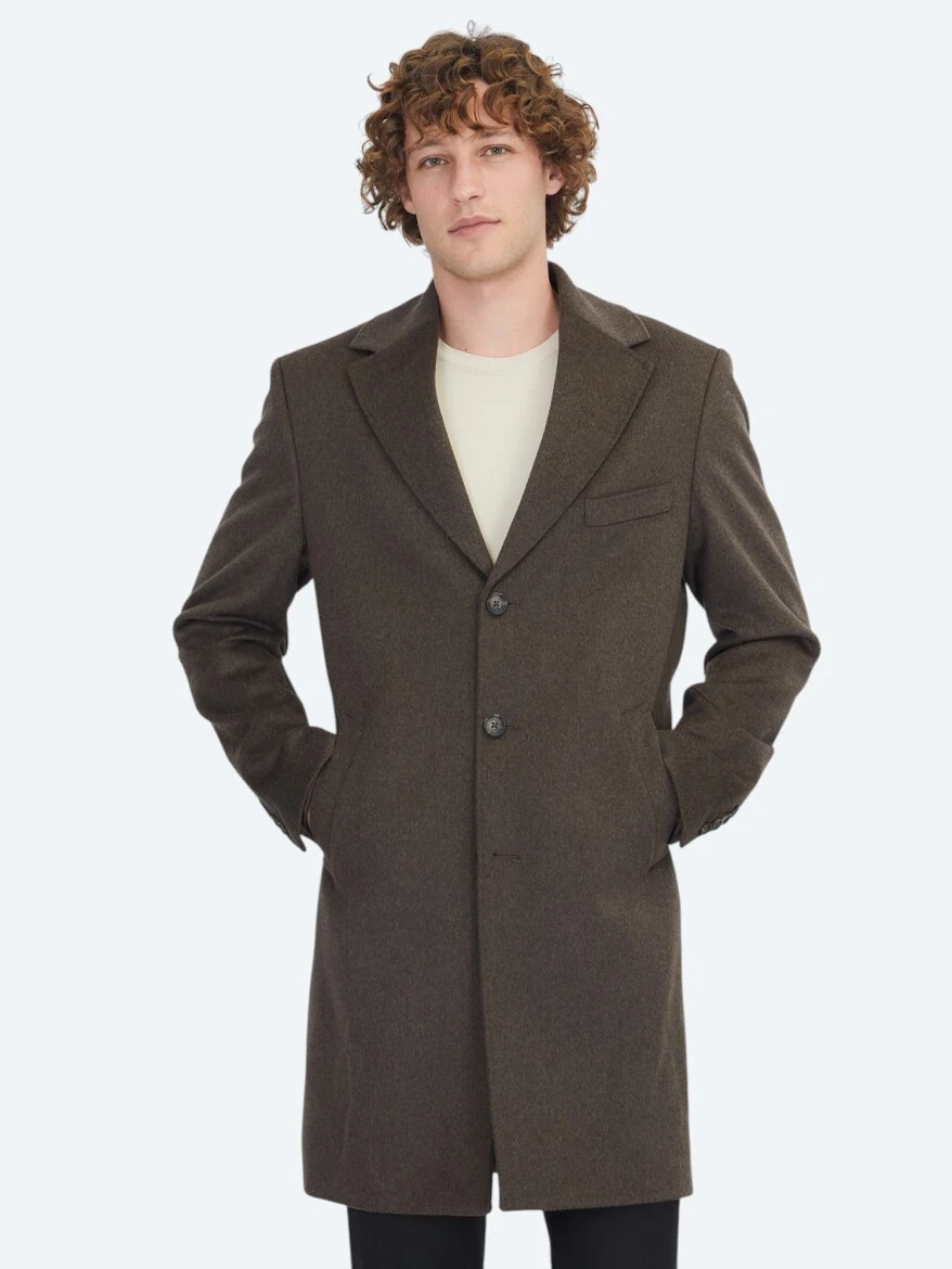 Brown Regular Fit Butterfly Collar Classical Weaving Overcoat - 1