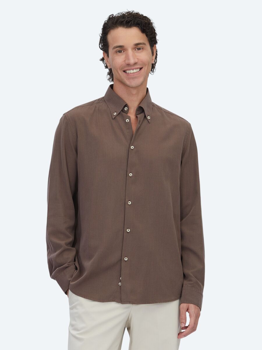 Brown Regular Fit Long Weaving Casual Cotton Blended Shirt - 1