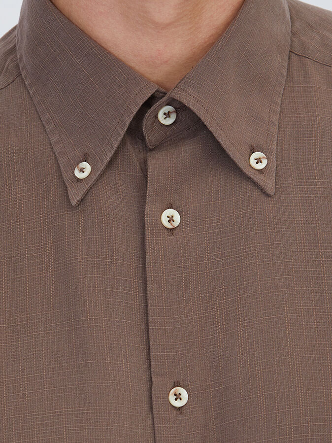 Brown Regular Fit Long Weaving Casual Cotton Blended Shirt - 4