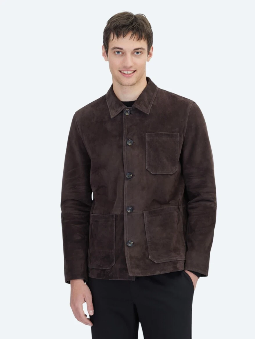 Brown Regular Fit Shirt Collar Casual Leather Coat - 1