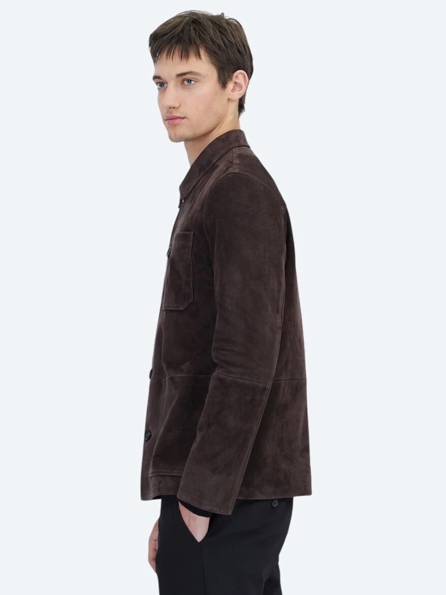 Brown Regular Fit Shirt Collar Casual Leather Coat - 3