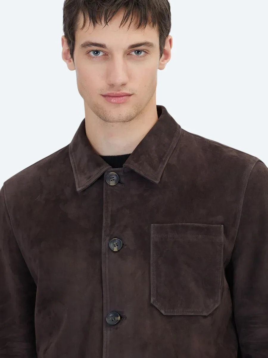 Brown Regular Fit Shirt Collar Casual Leather Coat - 4