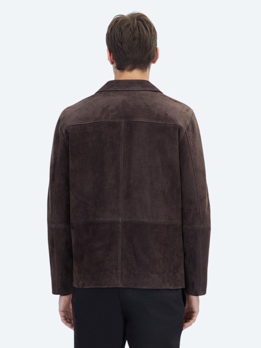 Brown Regular Fit Shirt Collar Casual Leather Coat - 5