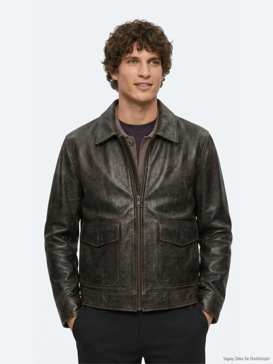 Brown Regular Fit Shirt Collar Casual Leather Leather Coat - KİP