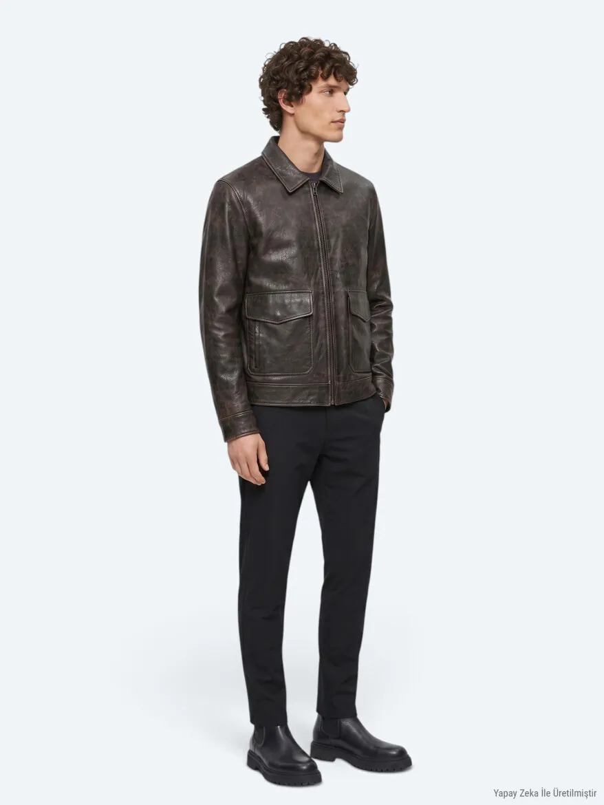 Brown Regular Fit Shirt Collar Casual Leather Leather Coat - 4